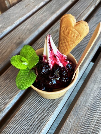 Soft ice cream with blueberry sauce